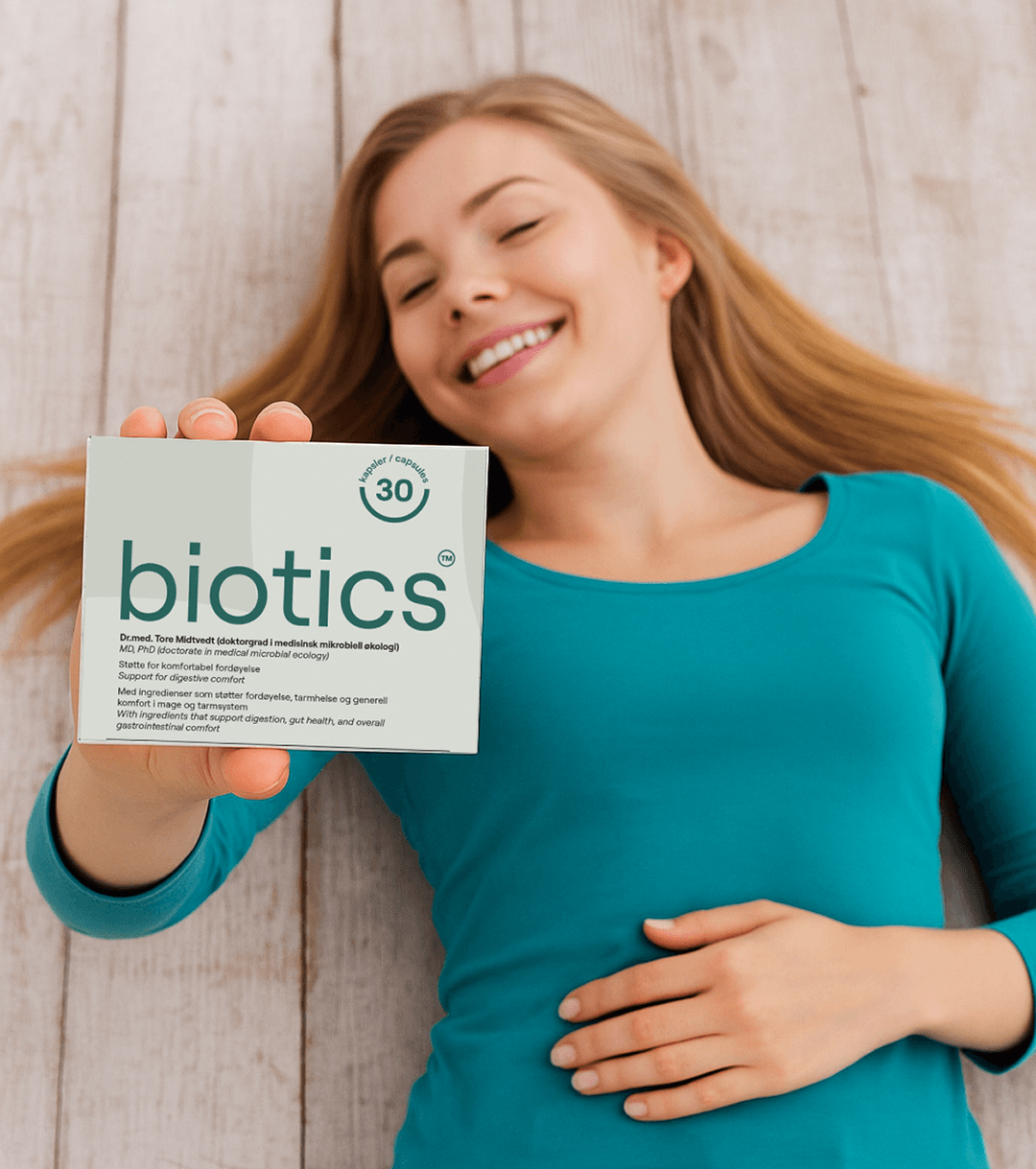 Kvinna med Biotics produkt